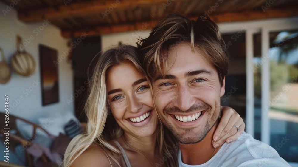 Family selfie at yard, happy couple smiling outdoors Family selfie at yard, happy couple smiling outdoors