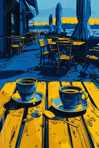 Outdoor cafe Terrace with Coffee Cups on Wooden Table at Sunset - Blue and Yellow Digital Artwork for Wall Art, Cards, Posters