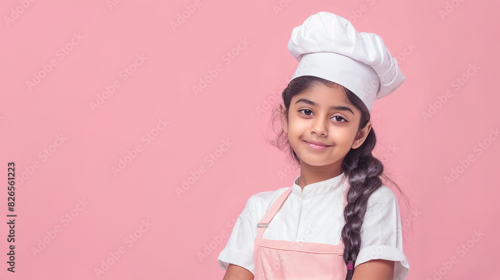 A cute happy smiling young Indian girl dresses like a chef on a plain pink background with copy space for text. A cute happy smiling young Indian girl dresses like a chef on a plain pink background with copy space for text.