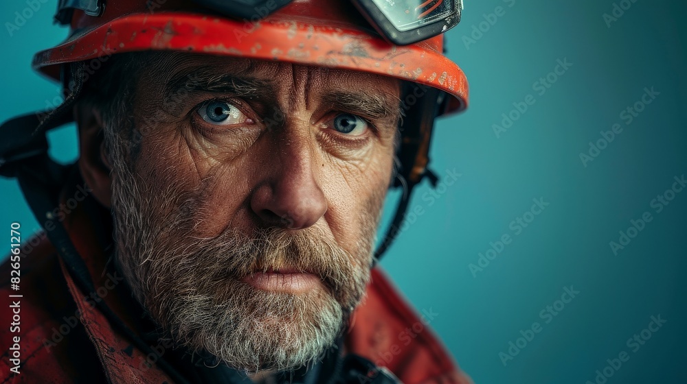 A European middle-aged man, a firefighter, wearing a helmet and goggles. A European middle-aged man, a firefighter, wearing a helmet and goggles.