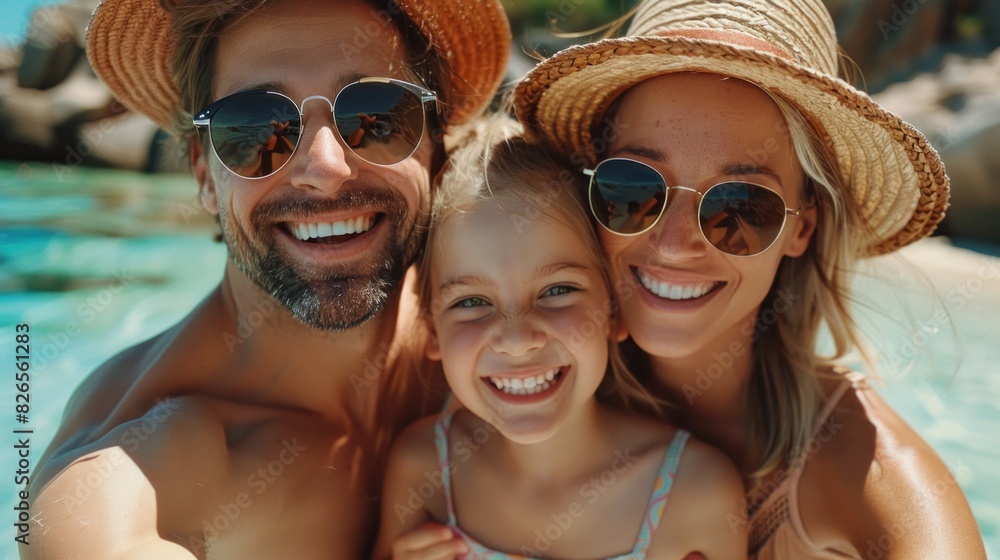 Family selfie on beach, smiling parents and child in sunglasses Family selfie on beach, smiling parents and child in sunglasses
