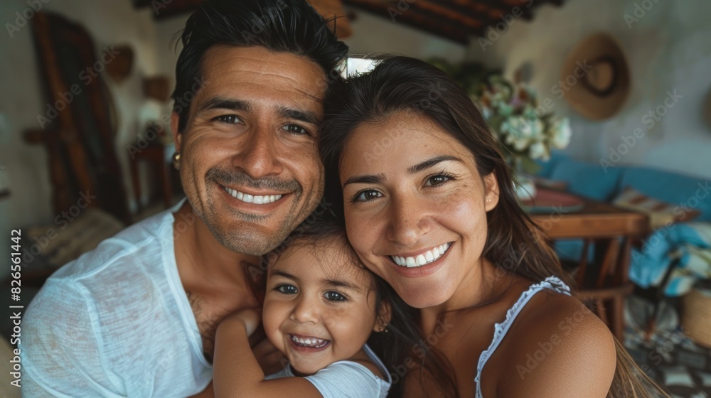 Fototapeta premium Family selfie room with happy parents and child smiling