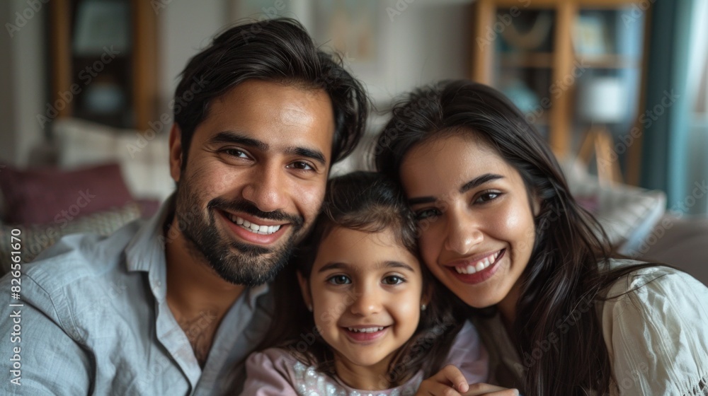 Obraz premium Family selfie room with smiling parents and child on a couch