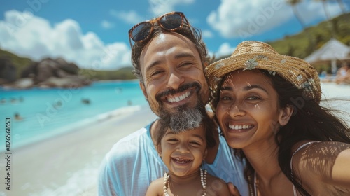 Family selfie on beach, smiling faces