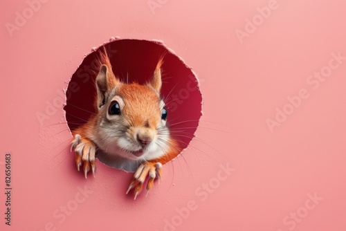 Squirrel Peeking Through a Hole in Pink Wall photo