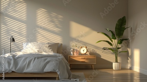 Minimalist Nordicstyle Bedroom bathed in Natural Light with a Modern Alarm Clock photo