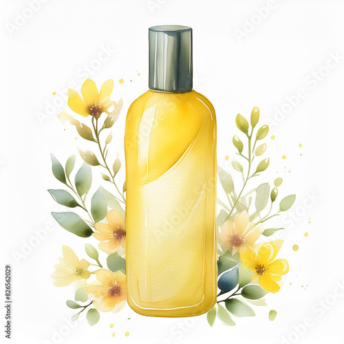 Watercolor painting of yellow shampoo bottle. Hygiene and beauty. Natural cosmetics. Hand drawn art photo