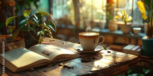 Coffee cup with latte on rustic table in cozy sunlight