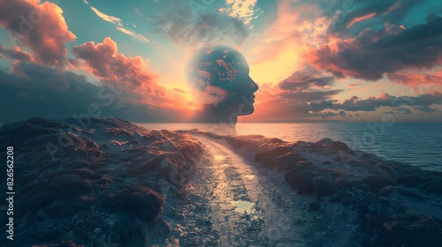 Traverse the surreal landscape of the mind with a sculptural head silhouette as your guide, its open mind illuminating the path to surrealistic enlightenment photo