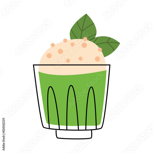 Matcha latte cartoon vector illustration. Herbal drink in tall glass mug flat color object. Mint beverage in cup. Natural cocktail. Cafeteria tableware. Green tea isolated on white background