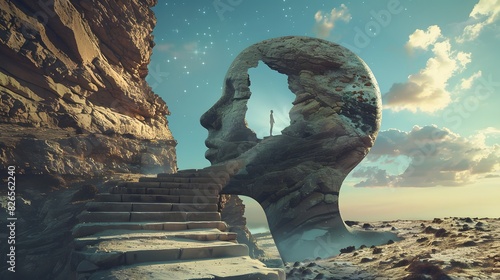 Step into a dreamscape of surreal proportions with a sculptural head silhouette leading the way, its open mind inviting viewers to explore the surrealistic terrain beyond the staircase