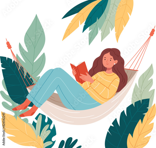 Cute smiling young woman lies on hammock and reading a book. Young woman reading book, lying outdoors on summer holiday. Cozy calm rest, relaxation. Flat vector illustration isolated on white