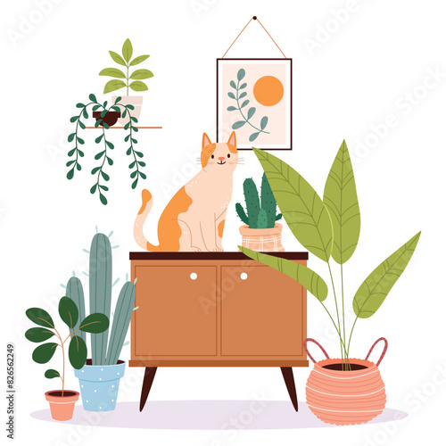 Cozy room interior with cat sitting on cupboard or sideboard, houseplants in pots, wall picture, basket. Composition with furniture and home decorations in hygge style. Flat vector illustration.