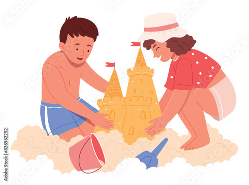 Children make sand castle on beach. Boy and girl with building and flag, ancient fort. Outdoor leisure and activities at coastline in hot weather, summertime. Cartoon flat vector illustration