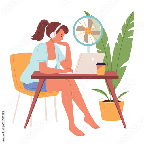 Cooling devices at work. Collection of exhaustion employees sitting under fan or air conditioner. Rescue in hot weather.Overheating and exhaustion. Workplace conditioning. Flat vector cartoon