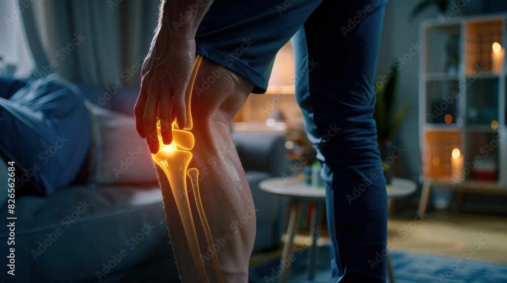 Pain in Knee Joint with Highlighted Bones at Home Pain in Knee Joint with Highlighted Bones at Home