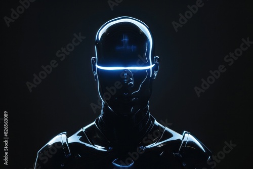 Silhouette of Futuristic Cybernetic Figure with Glowing Headgear