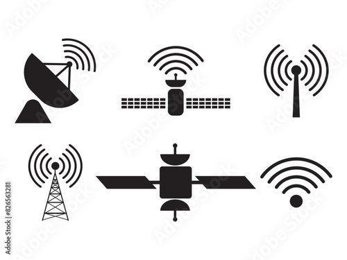 Wireless satellite technology icon set. Antenna, satellite and satellite dish icons. Satellite Data Icon, Vector illustration.