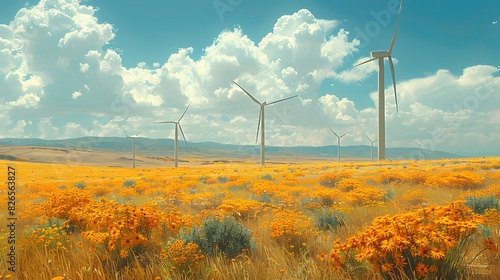 A field of wind turbines generating clean energy, symbolizing renewable energy research and application List of Art Media Photograph inspired by Spring magazine