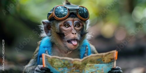 Adventurous monkey wearing goggles holding a map in the jungle