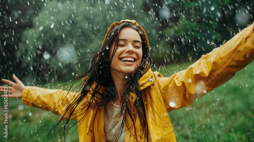 Happy woman enjoying with rain in nature with her arms outstretched to embrace nature.