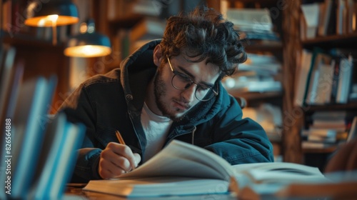 Resilience in Focus: Man Studying in a Cozy Library Setting