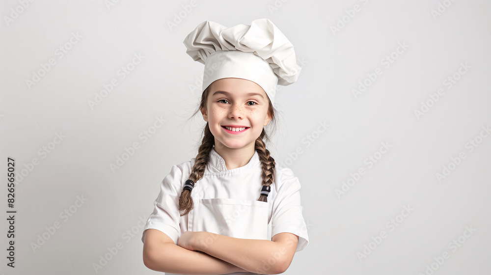 A cute happy smiling young American white girl dresses like a chef on a plain grey background with copy space for text. A cute happy smiling young American white girl dresses like a chef on a plain grey background with copy space for text.