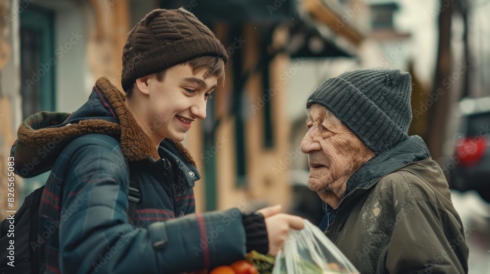 Helping Others- young person helping elderly man with groceries