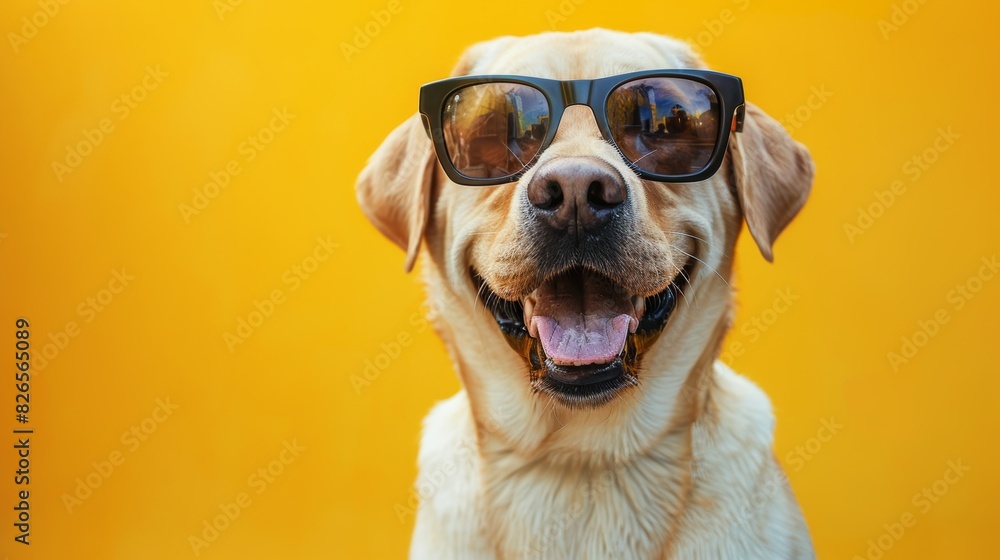 Cheerful golden Labrador retriever wearing stylish sunglasses against a vibrant yellow background, exuding happiness. Generative Ai