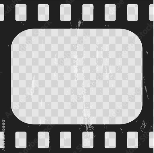 Old cinematic frame, video film strip. Retro vintage tape empty template with slide. Tape border, grunge textured silhuette. Video photo reel on transparent background 