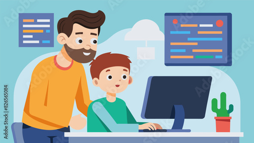 An instructor patiently guiding a young coder as he troubleshoots an error in his code during a oneonone session at the workshop.. Vector illustration