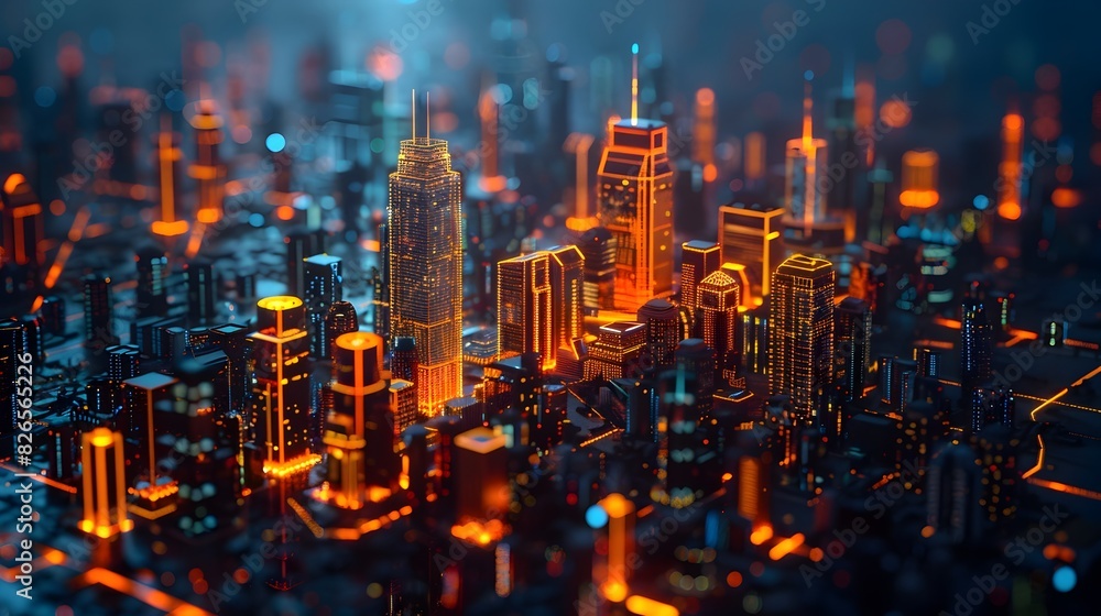 Futuristic Digital Cityscape of Illuminated Skyscrapers and Advanced Urban Infrastructure