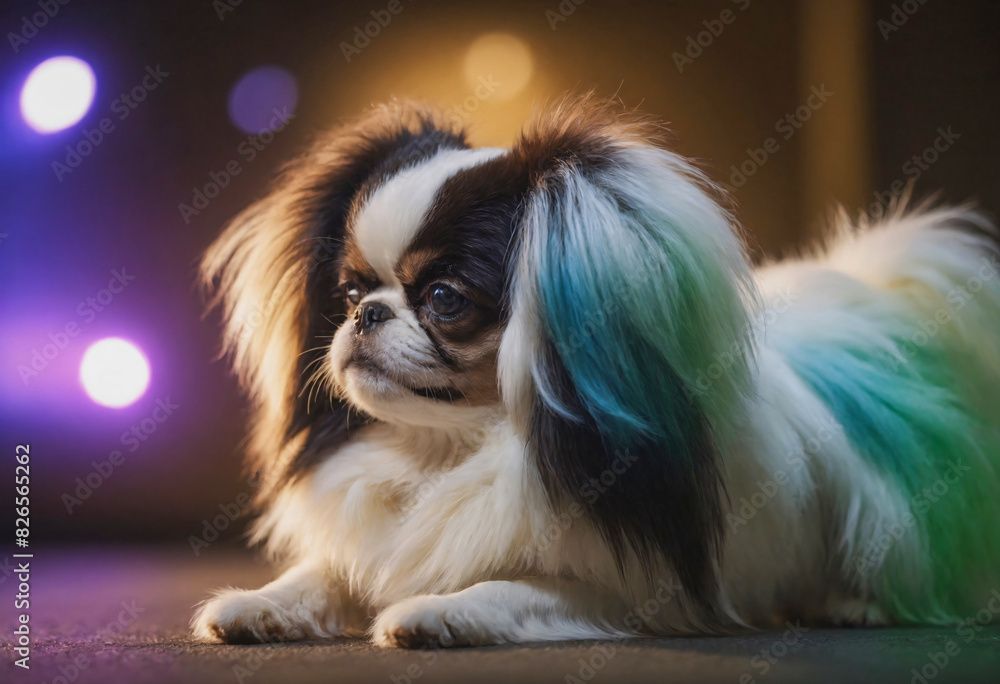 Japanese chin dog relaxing on the carpet in a cozy room Japanese chin dog relaxing on the carpet in a cozy room