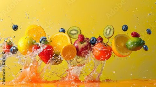 Colorful fresh fruits flying in the air with water splash isolated on yellow background.