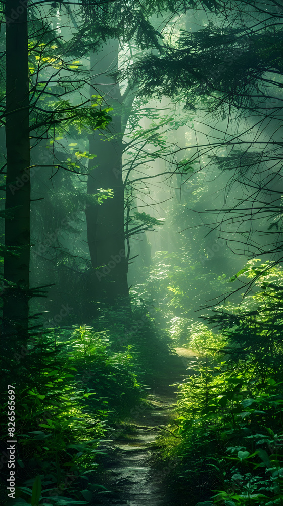 A Serene Forest Pathway Illuminated by Morning Light, Symbolizing Self-Discovery and Environmental Connection