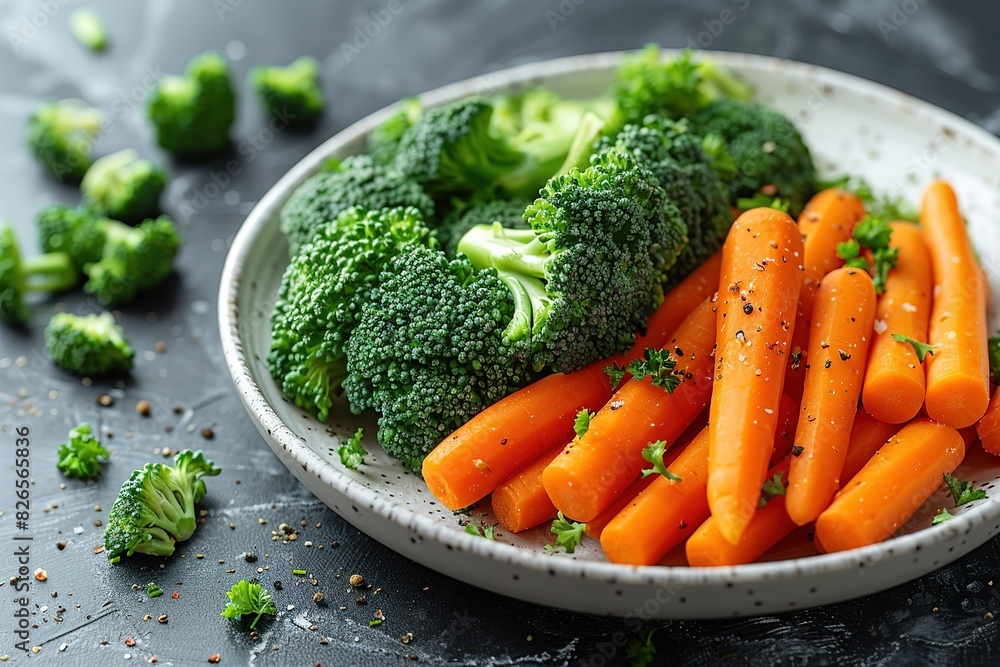 A plate of broccoli and carrots with parsley on top A plate of broccoli and carrots with parsley on top