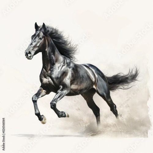 A powerful black Arabian horse gallops freely across a white background  its sleek grey body blending with the dust as it races forward. With the start of its motion  it embodies the epitome of speed.