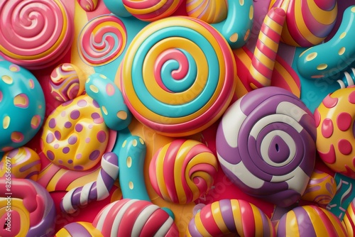 Colorful lollipops and hard candies of various shapes and sizes. photo