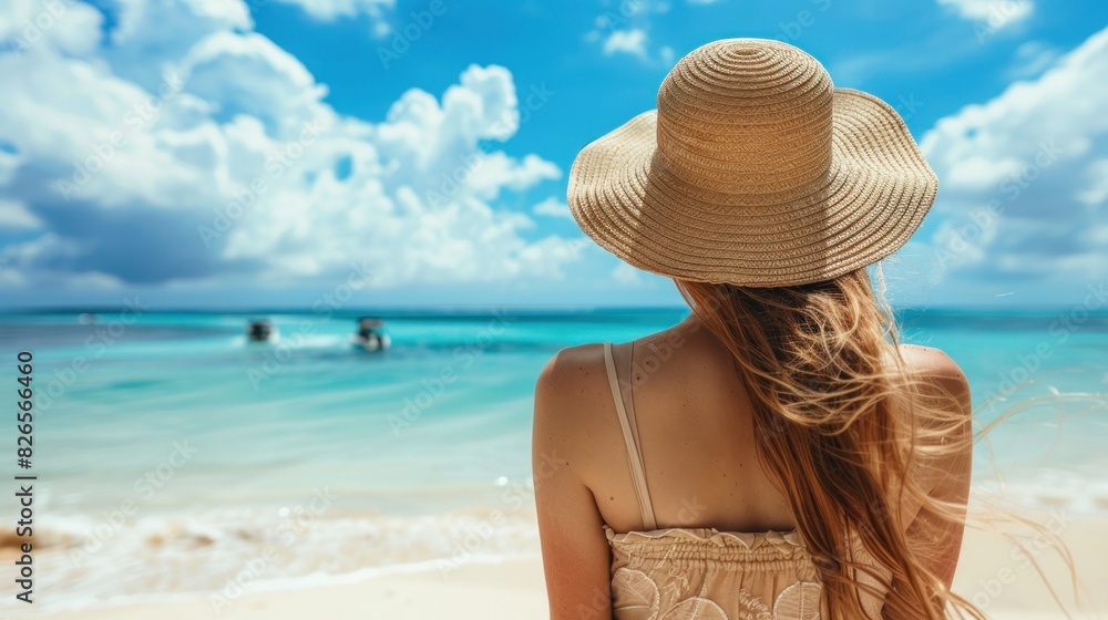 A young tourist woman in a summer dress and hat is seen from behind as she stands on a beautiful sandy beach.