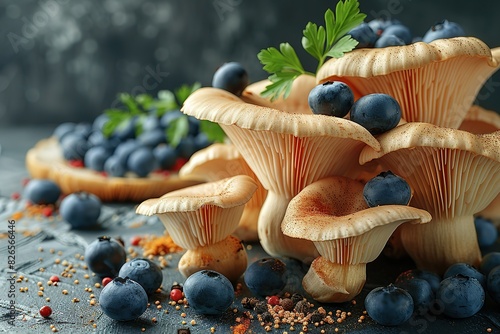 elegant editorial photo of fresh oyster mushrooms with colorful spices and blueberries on a black background