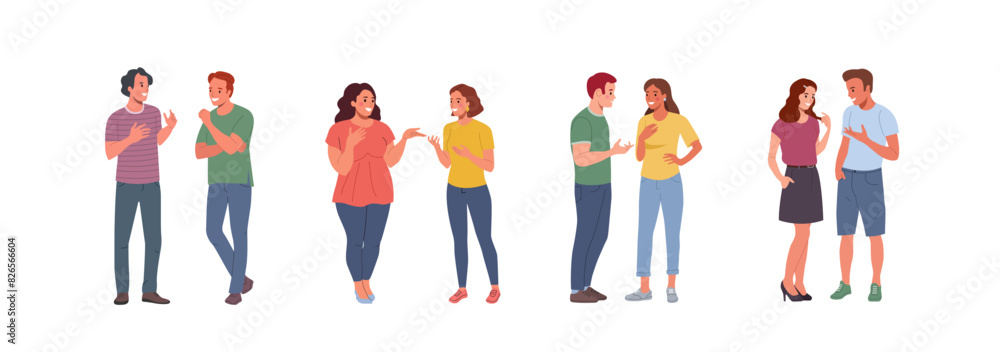 Young men and women talking, gossiping, whispering secrets, telling news. People stand full body. Flat style cartoon vector illustration.