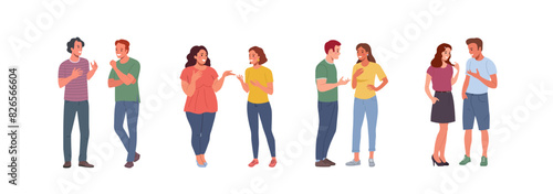 Young men and women talking, gossiping, whispering secrets, telling news. People stand full body. Flat style cartoon vector illustration.