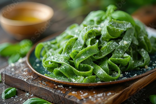 A plate of green pasta with cheese and basil on top