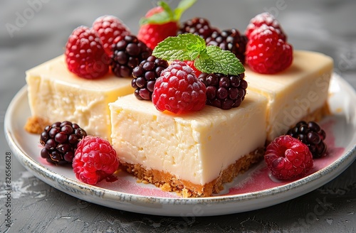 A slice of cheesecake with raspberries and mint on top