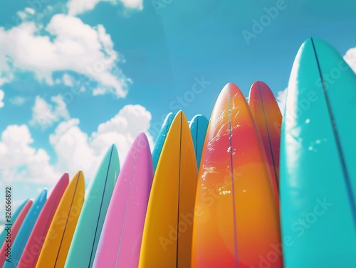 Colorful surfboards stand in a row against the backdrop of the blue sky and white clouds. photo