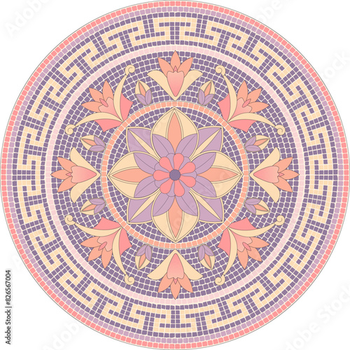 Mosaic circular ornament with lilies in pink and purple colors in roman style. For ceramics, tiles, ornaments, backgrounds and other projects.