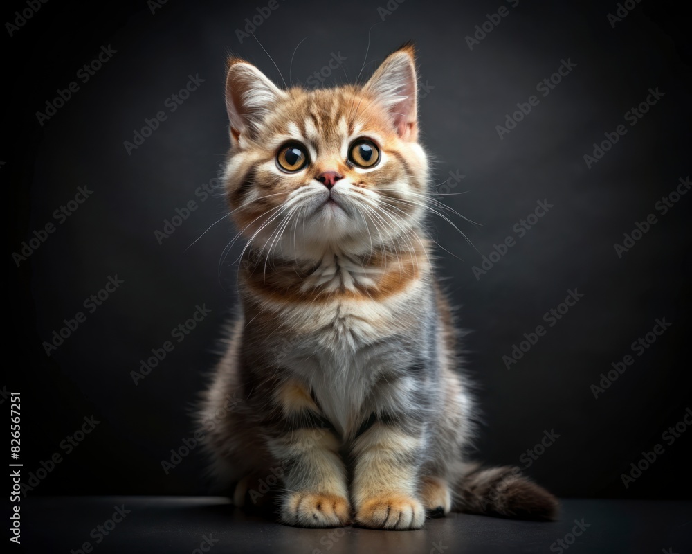 Scottish Straight breed cat sitting isolated on dark smoky background looking at camera.