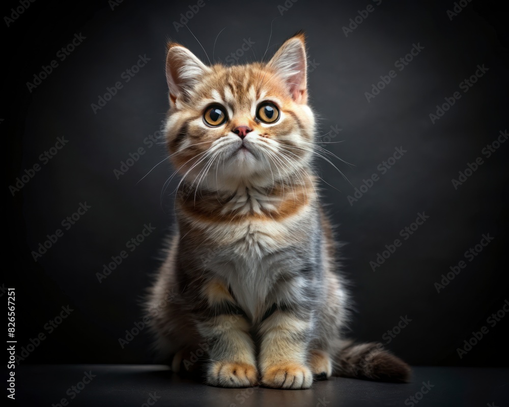 Scottish Straight breed cat sitting isolated on dark smoky background looking at camera. Scottish Straight breed cat sitting isolated on dark smoky background looking at camera.