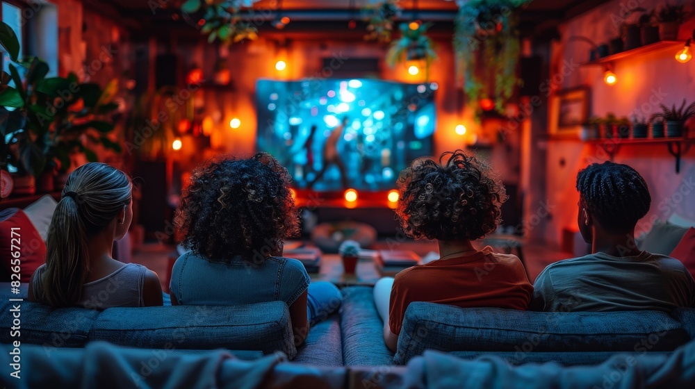 A group of individuals seated together on a couch, attentively watching a concert or performance. A group of individuals seated together on a couch, attentively watching a concert or performance.