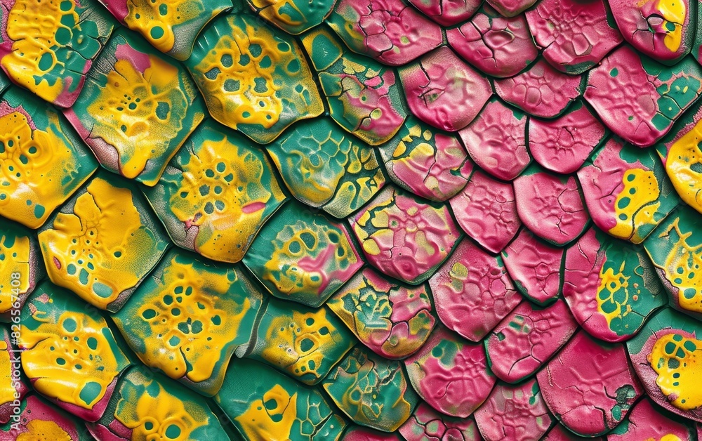 A vibrant close-up of colorful, stylized scales. Featuring a mix of vivid yellow, pink, and green hues. A vibrant close-up of colorful, stylized scales. Featuring a mix of vivid yellow, pink, and green hues.